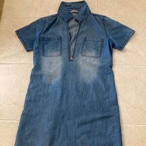 Vintage Given Kale Blue Denim Short Sleeve Collared Pockets Chambray Mini Dress